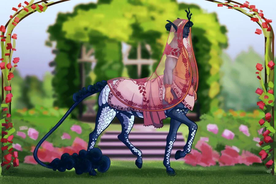 A centaur guest at a rose garden party