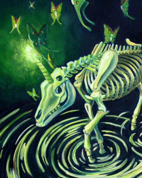 An undead unicorn with luna moths attracted to its magic