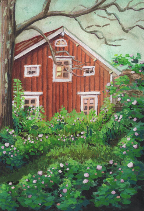 A watercolor painting of a barn surrounded by overgrown foliage.