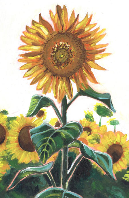 A gouache painting of sunflowers