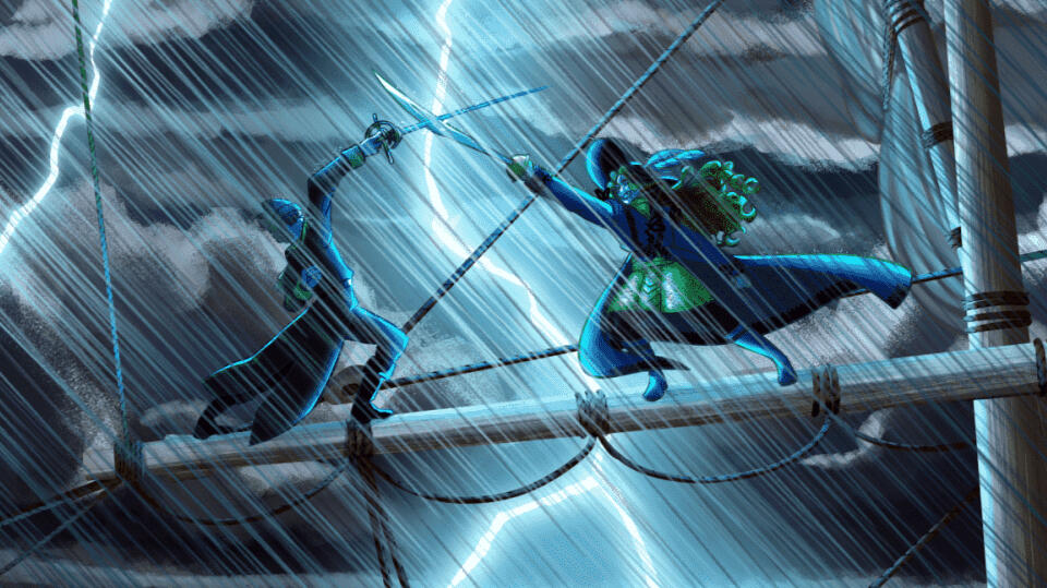 An illustration of a fight between two maritime warriors atop the mast of a sailing ship during a thunderstorm.